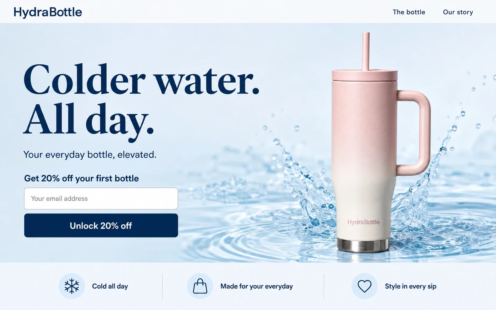 HydraBottle landing page with a pink bottle, cold-water splash, and email signup for 20% off