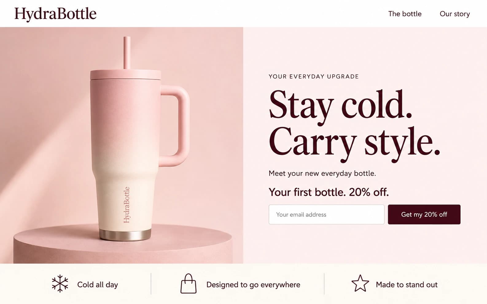 HydraBottle landing page with a pink bottle on a pedestal and a stylish 20% off email offer